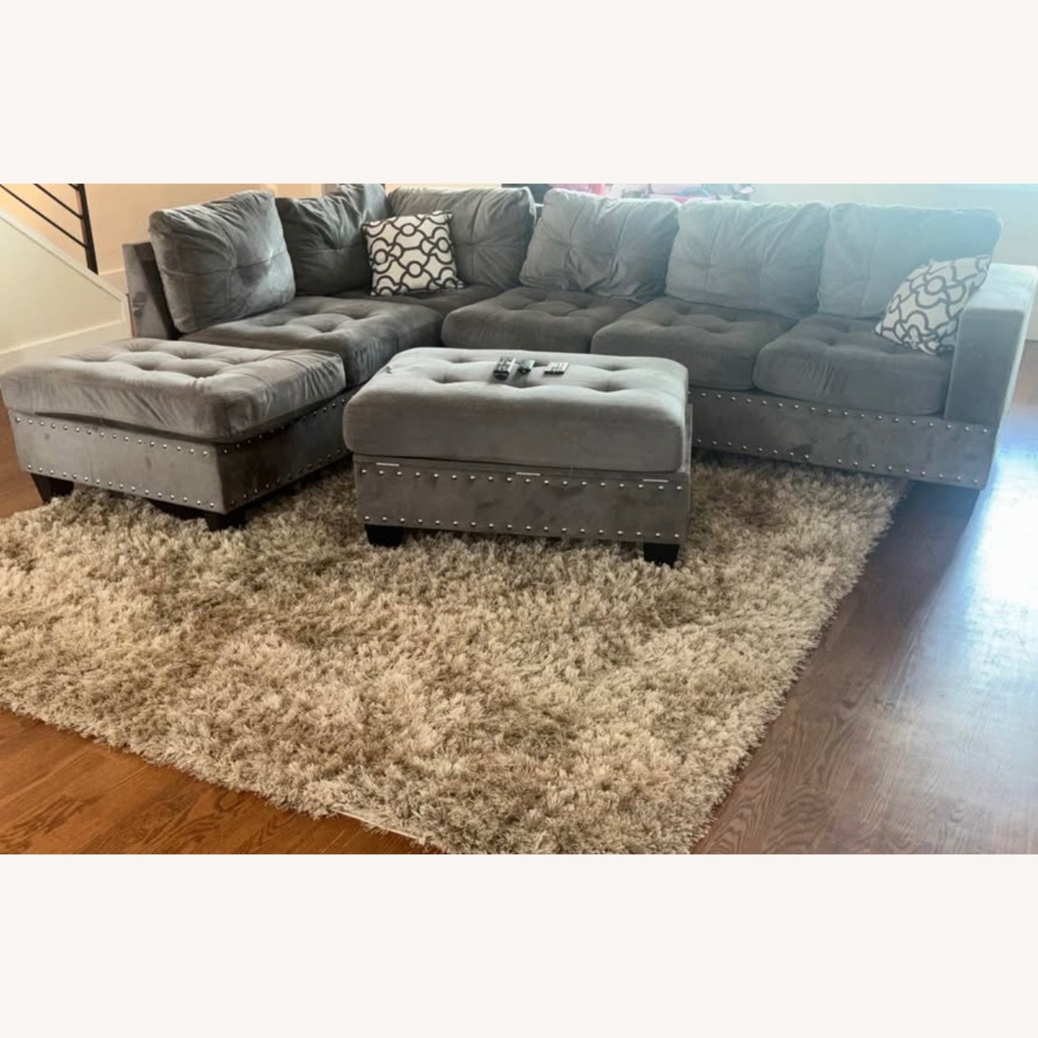 Gray Suede Sectional Couch W/ Ottoman - image-2