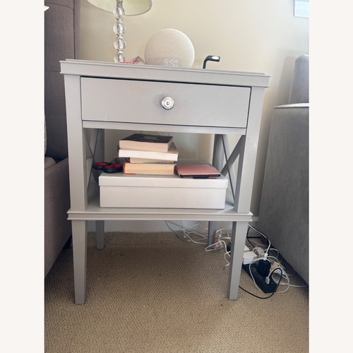 Used Pottery Barn Clara Light Gray Lattice Nightstand for sale on AptDeco
