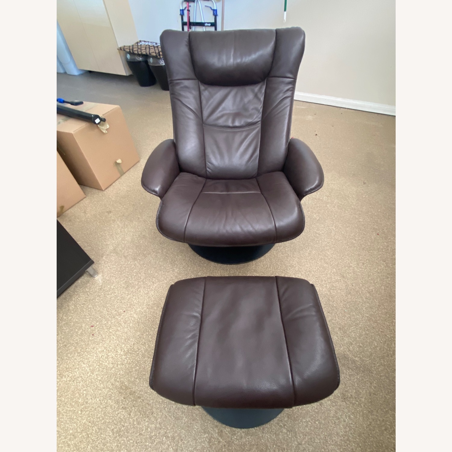 Brown Leather Lounge Chair with Ottoman - image-3