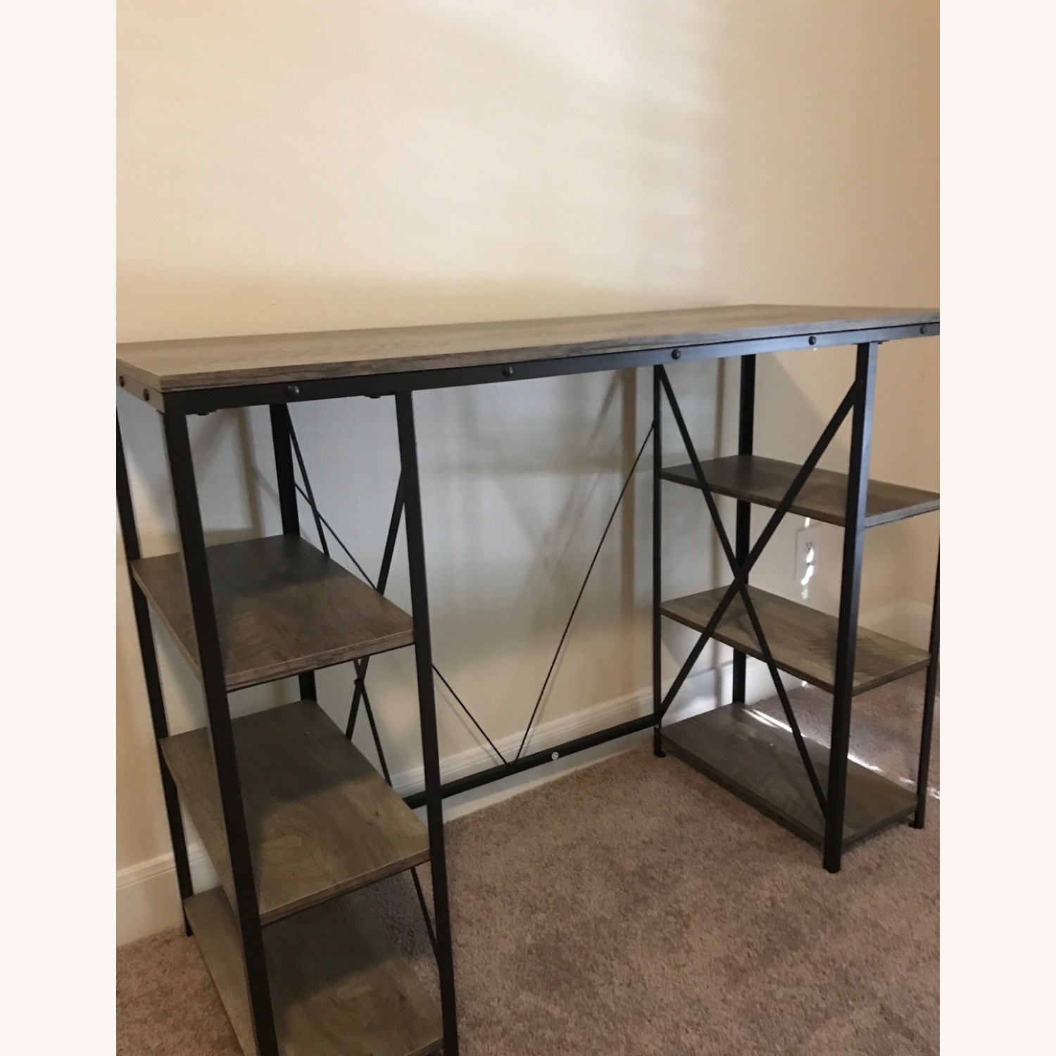 Gray Wood & Black Metal Desk W Shelves - image-1