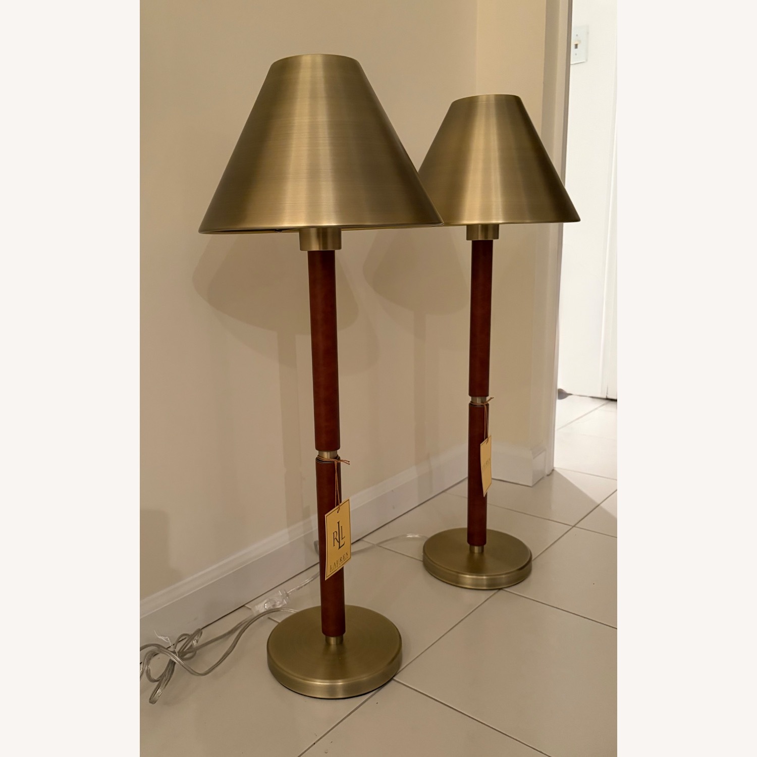 Ralph Lauren Brass and Leather Candlestick Lamps - image-3