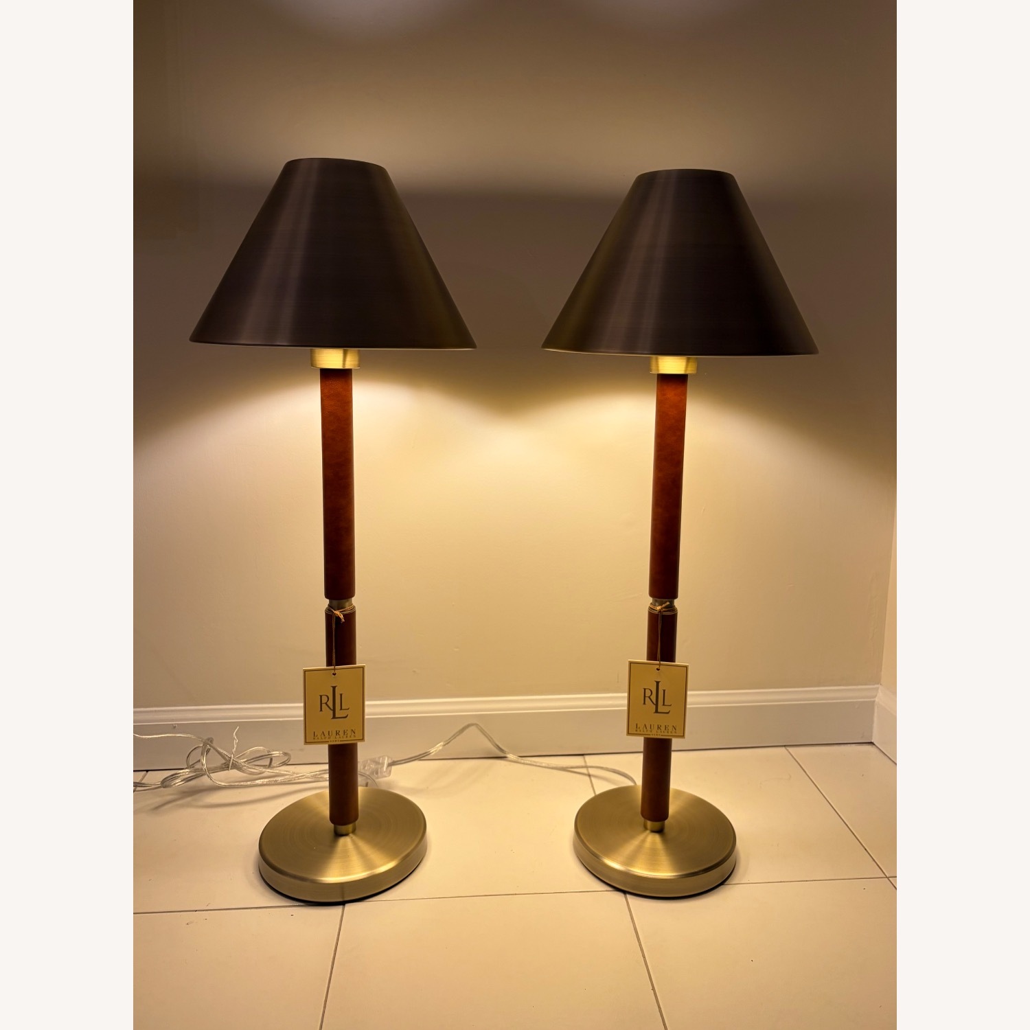 Ralph Lauren Brass and Leather Candlestick Lamps - image-2