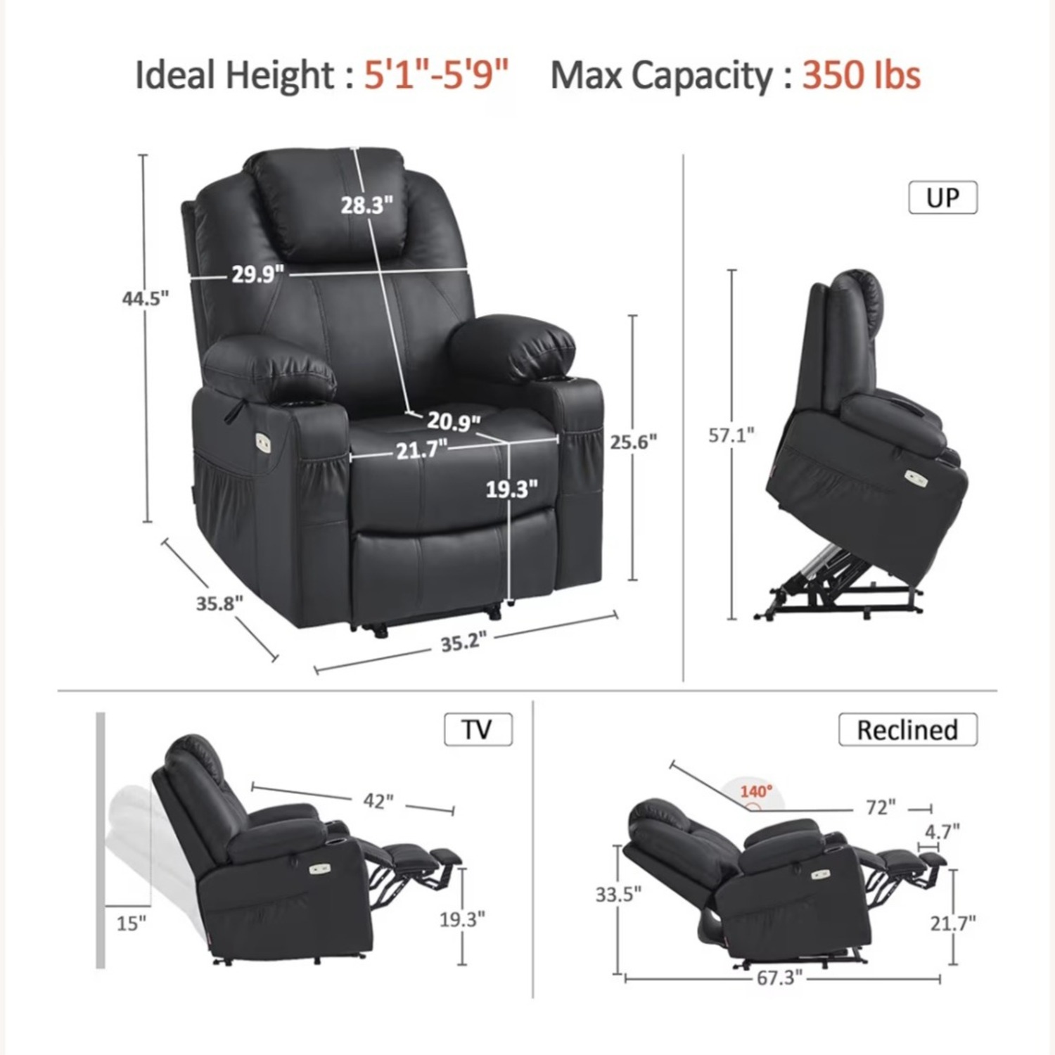 Amazon Black Faux Leather Recliner Lift Chair with Heat and Massage - image-7
