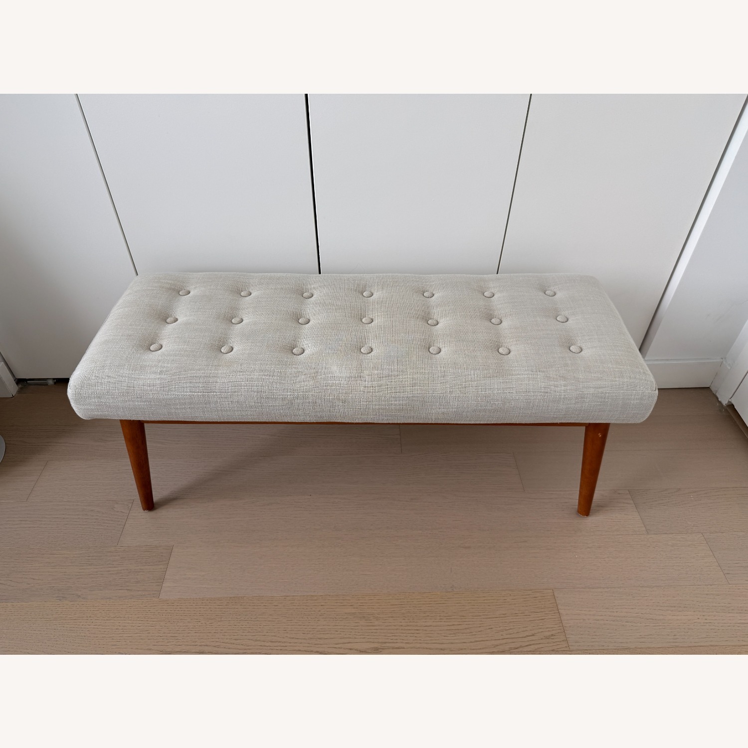 West Elm Mid-Century Light Gray Fabric Bench - image-1