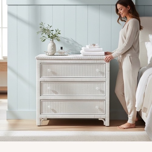 Used Pottery Barn Henry Link White Wicker Chest Coastal Boho Style for sale on AptDeco