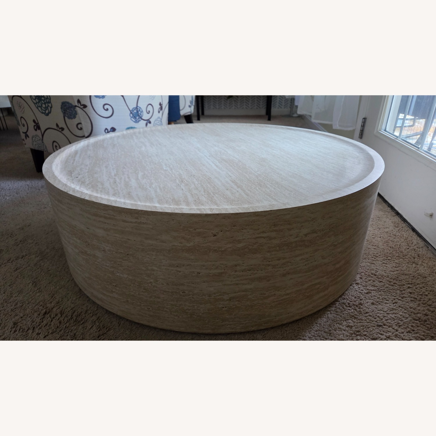 Beige Faux Travertine Drum Coffee Table - image-3