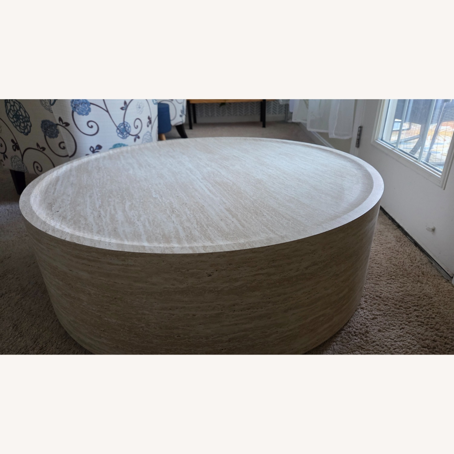 Beige Faux Travertine Drum Coffee Table - image-2
