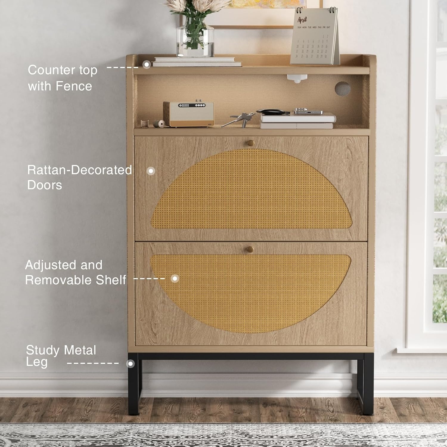 Rattan Shoe Cabinet with 2 Drawers - image-6