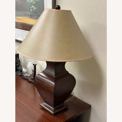 Used Ethan Allen Dark Brown Wood Table Lamp for sale on AptDeco