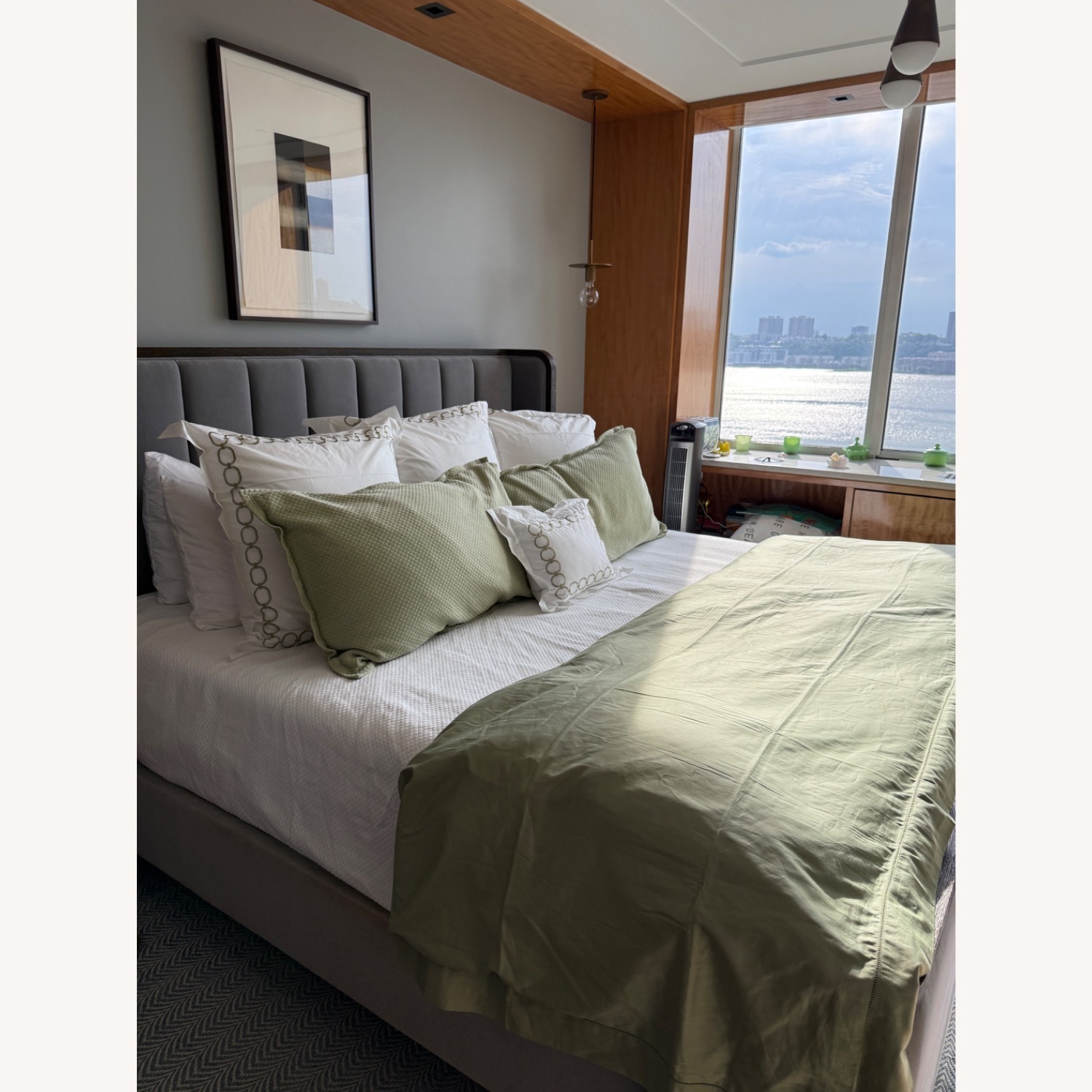 Light Gray Velvet and Wood  King Bed - image-1