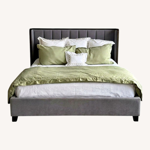 Used Light Gray Velvet and Wood  King Bed for sale on AptDeco