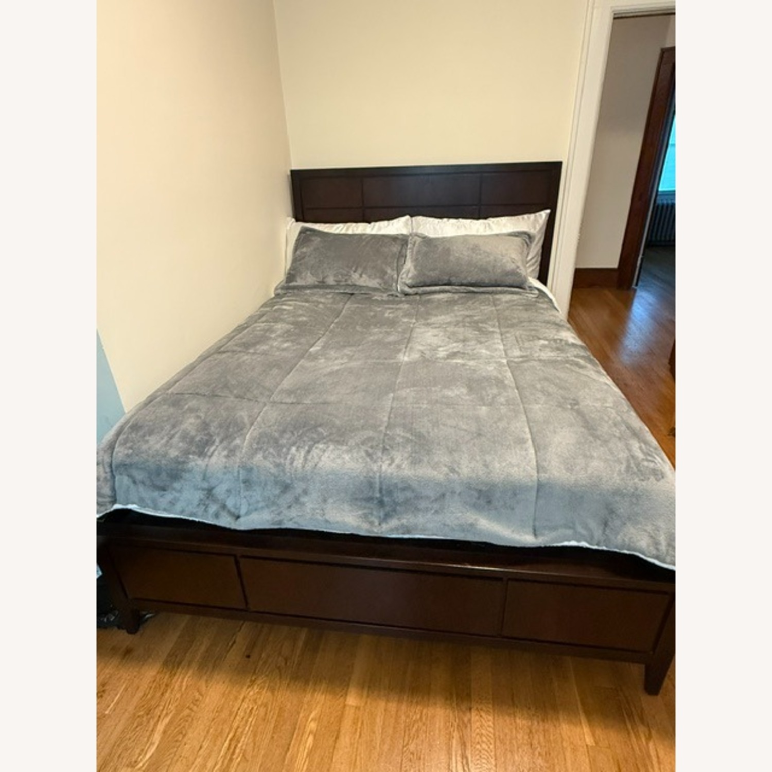 Dark Brown Wood Queen Bed - image-3