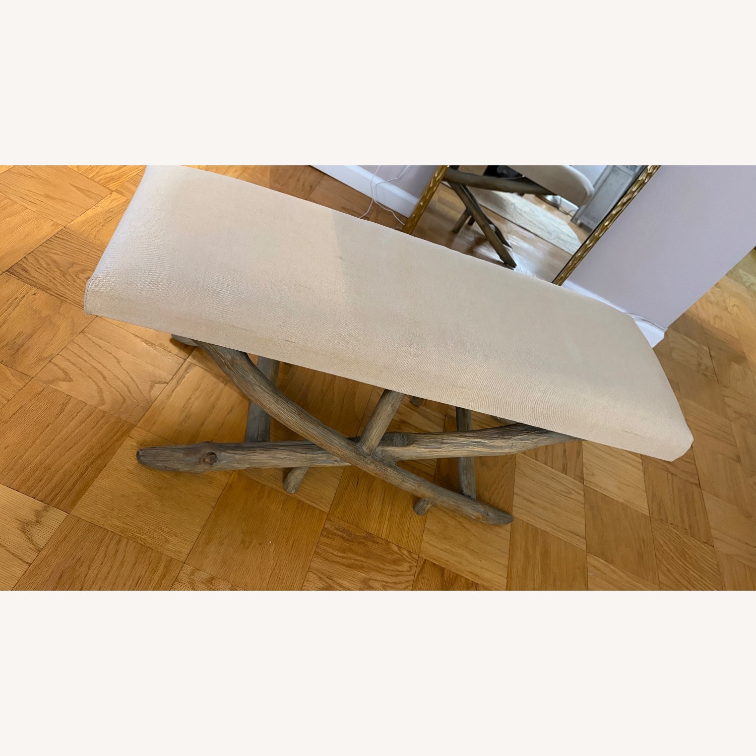 Upholstered Bench with Driftwood Legs - image-3