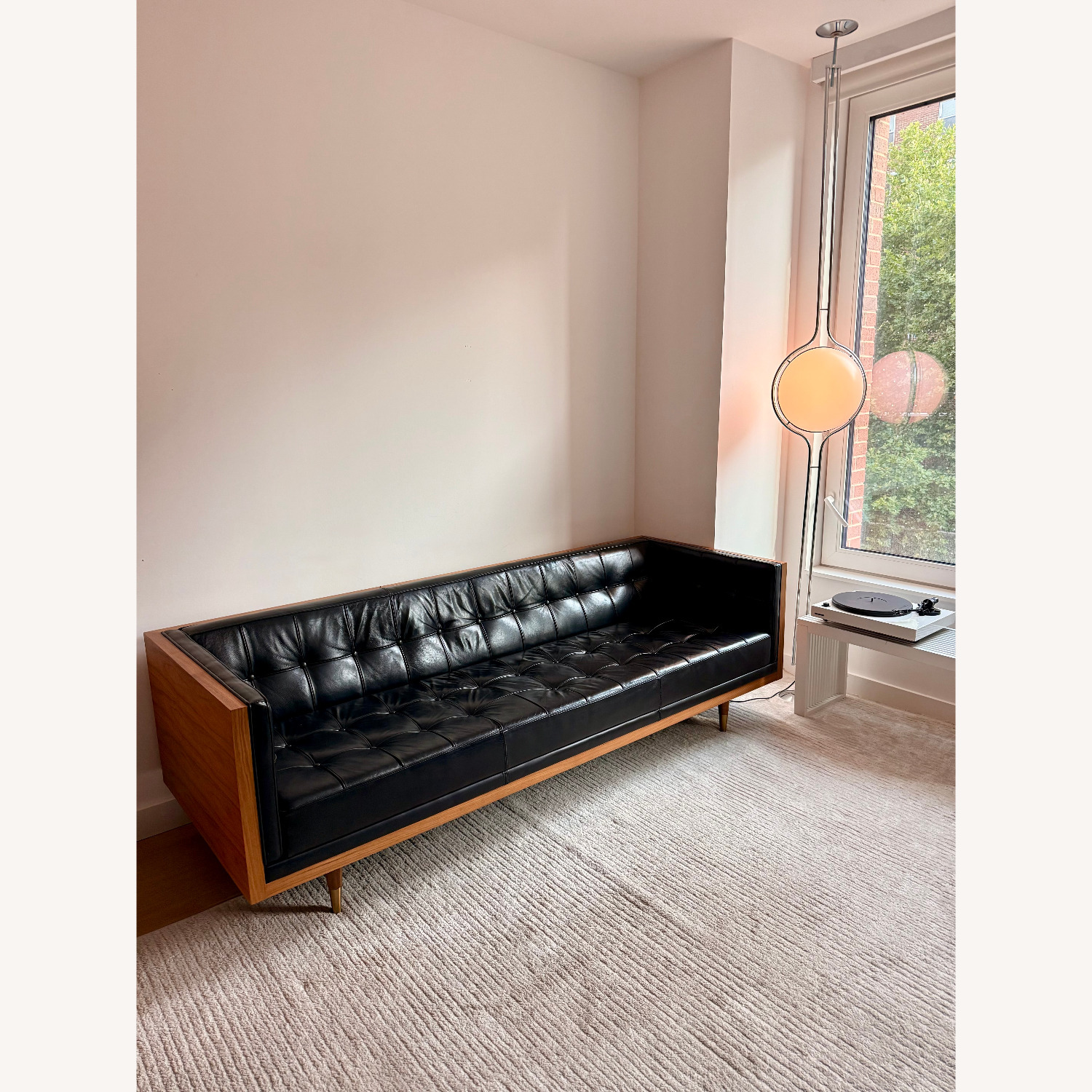 Mid Century Modern Box Walnut Black Leather Sofa - image-4