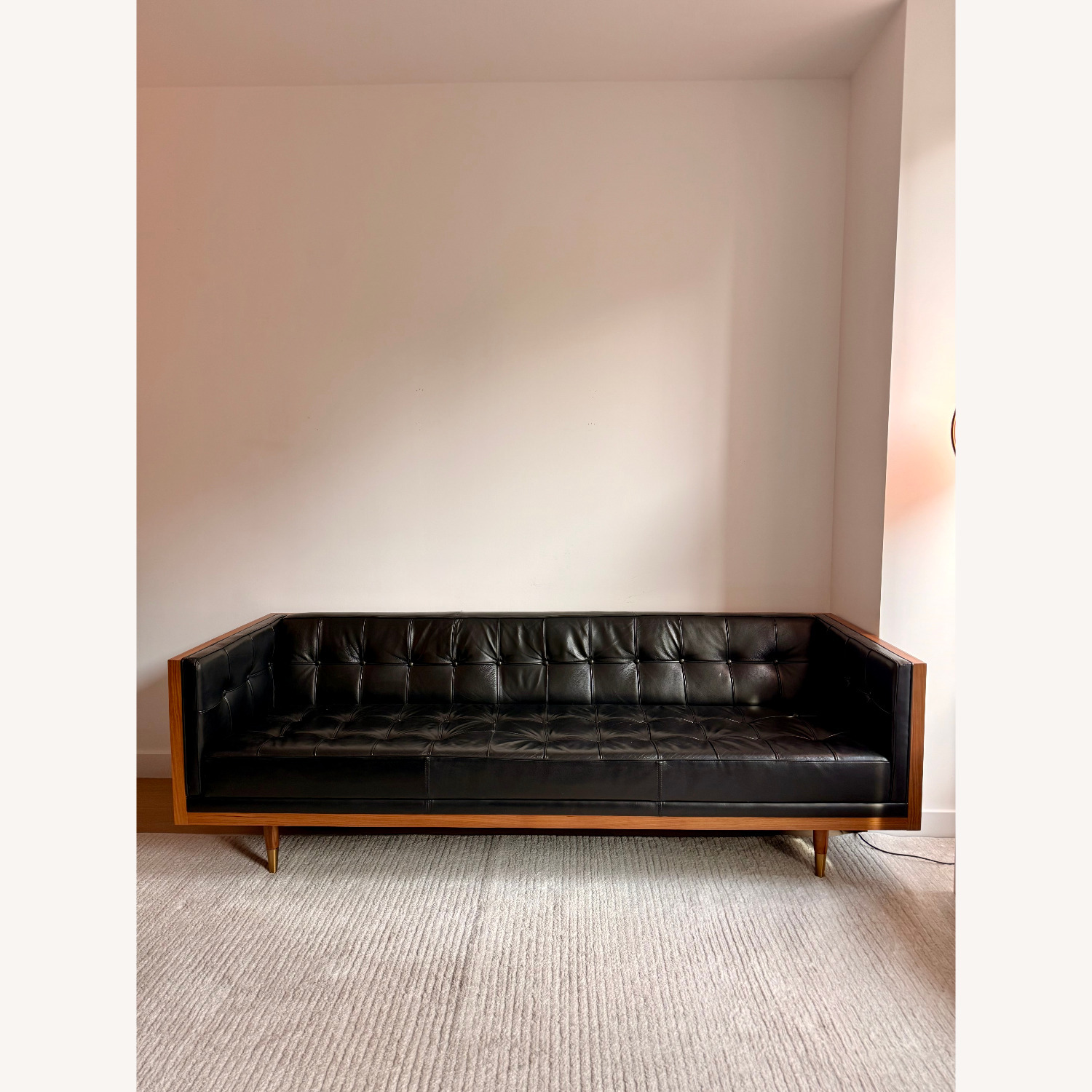 Mid Century Modern Box Walnut Black Leather Sofa - image-2