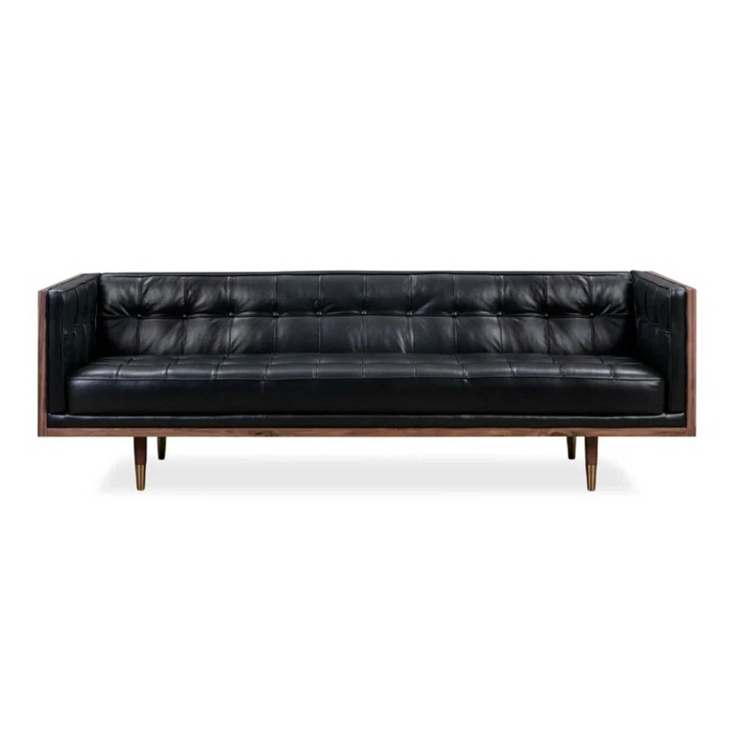 Mid Century Modern Box Walnut Black Leather Sofa - image-5
