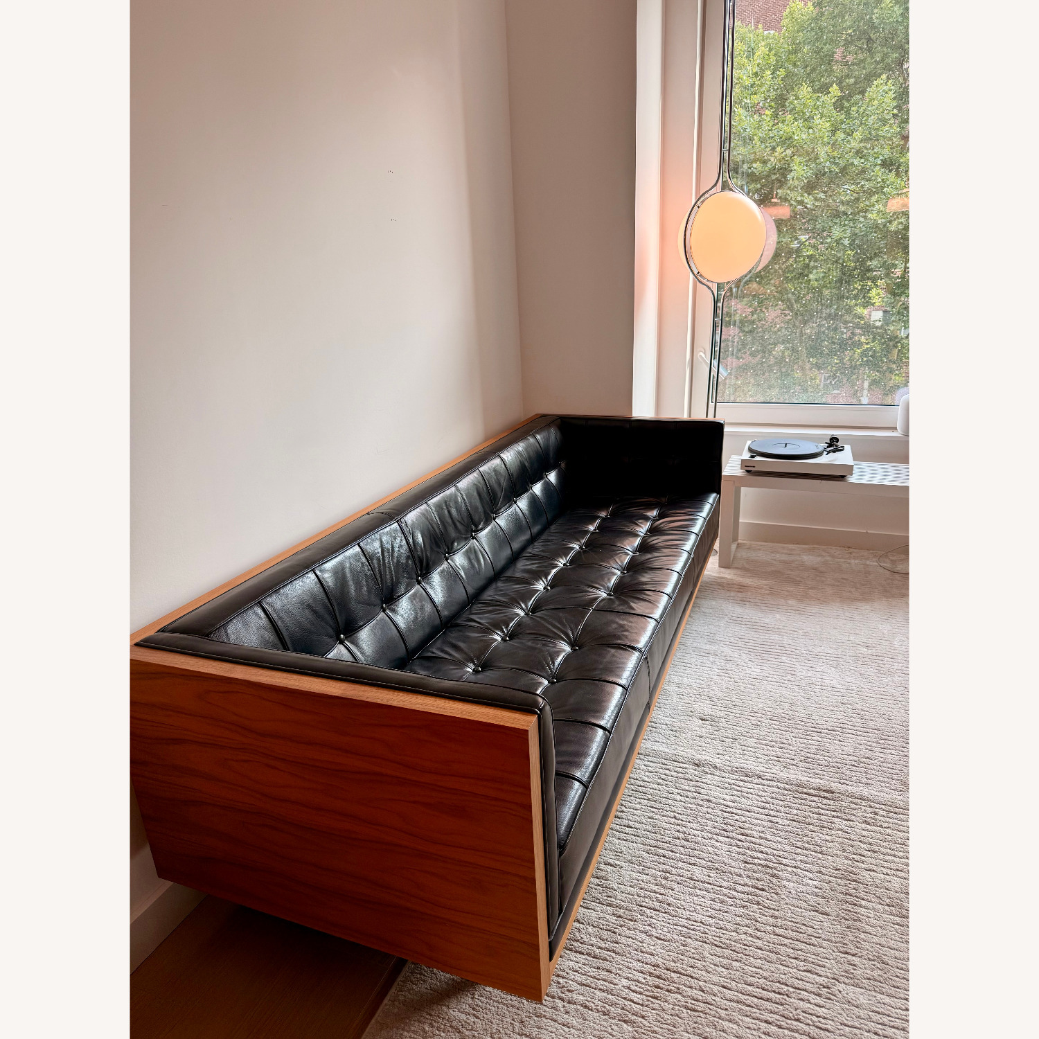 Mid Century Modern Box Walnut Black Leather Sofa - image-3