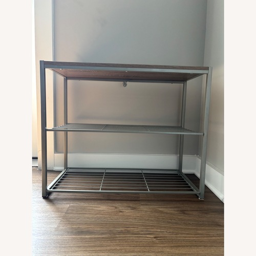 Used Light Gray Shoe Rack with Faux Wood Top for sale on AptDeco