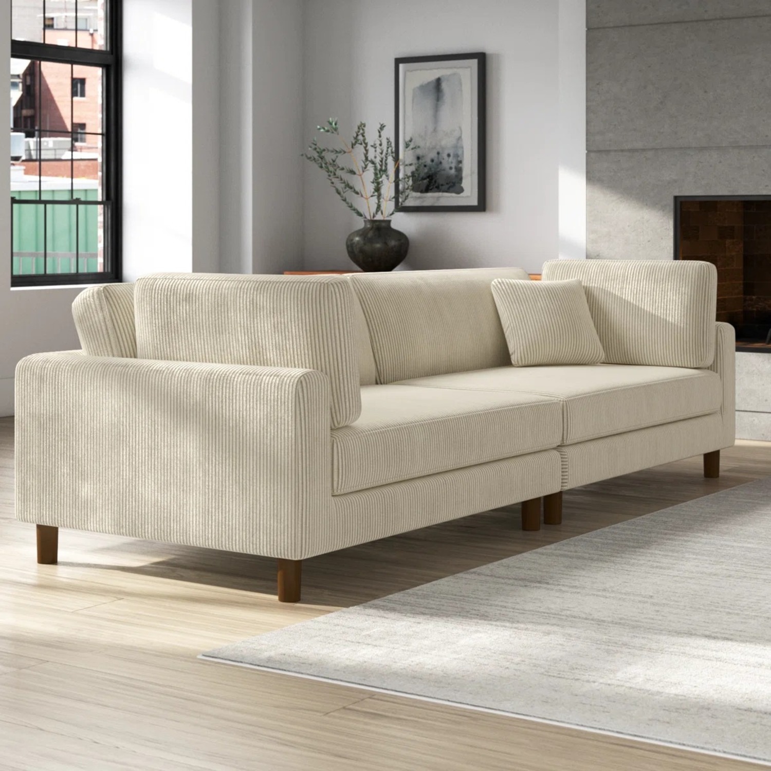 Assel 116'' Corduroy Natural Fabric 4+ Seater Sofa - image-1