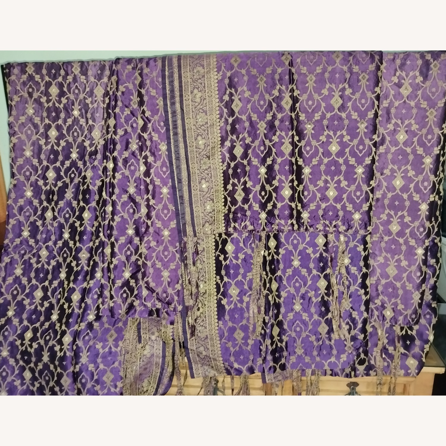 Purple & Gold Sari Tie Top Curtain Panels - image-11