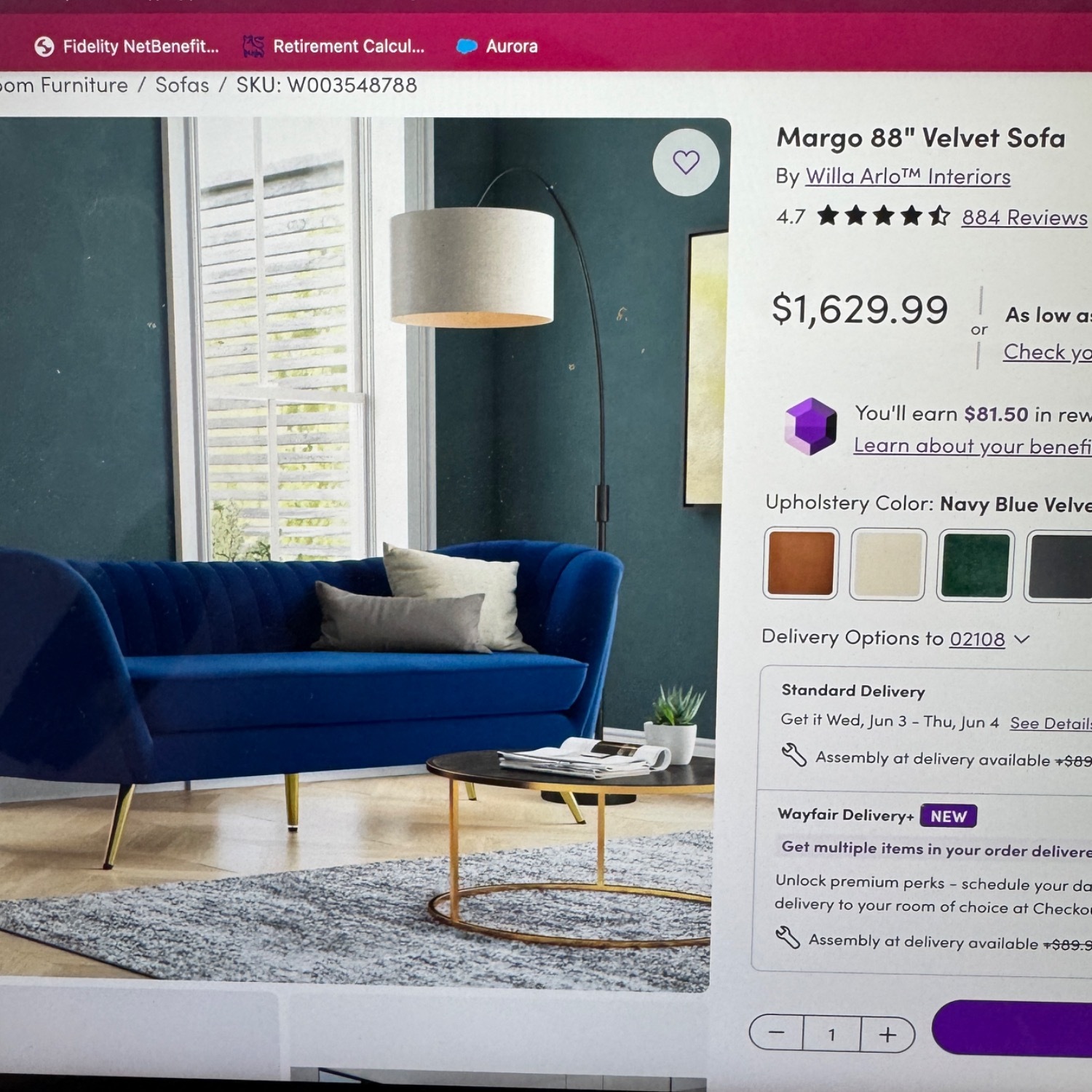 Willa Arlo Blue Velvet 3+ Seater Sofa - image-5