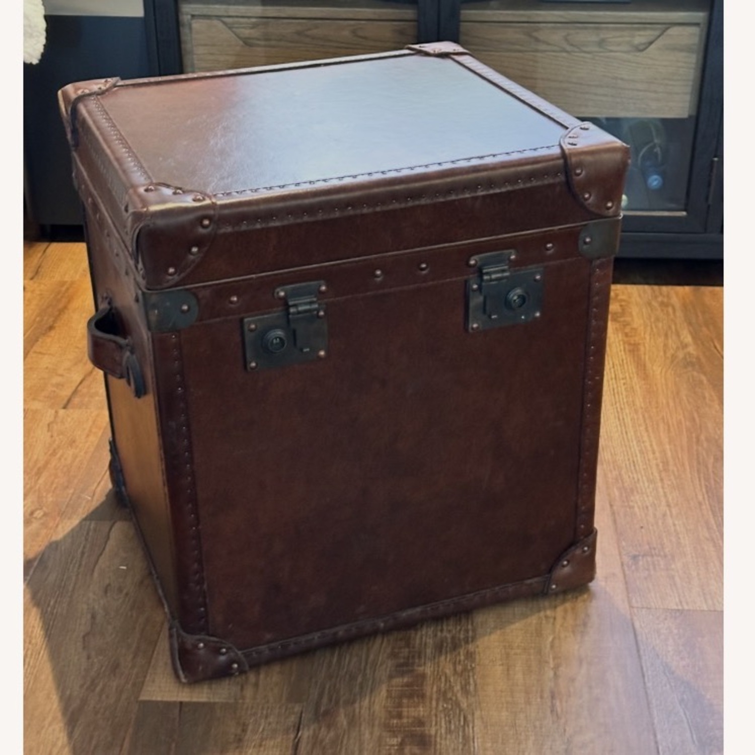 Pottery Barn Dark Brown Leather Chest End Table - image-1
