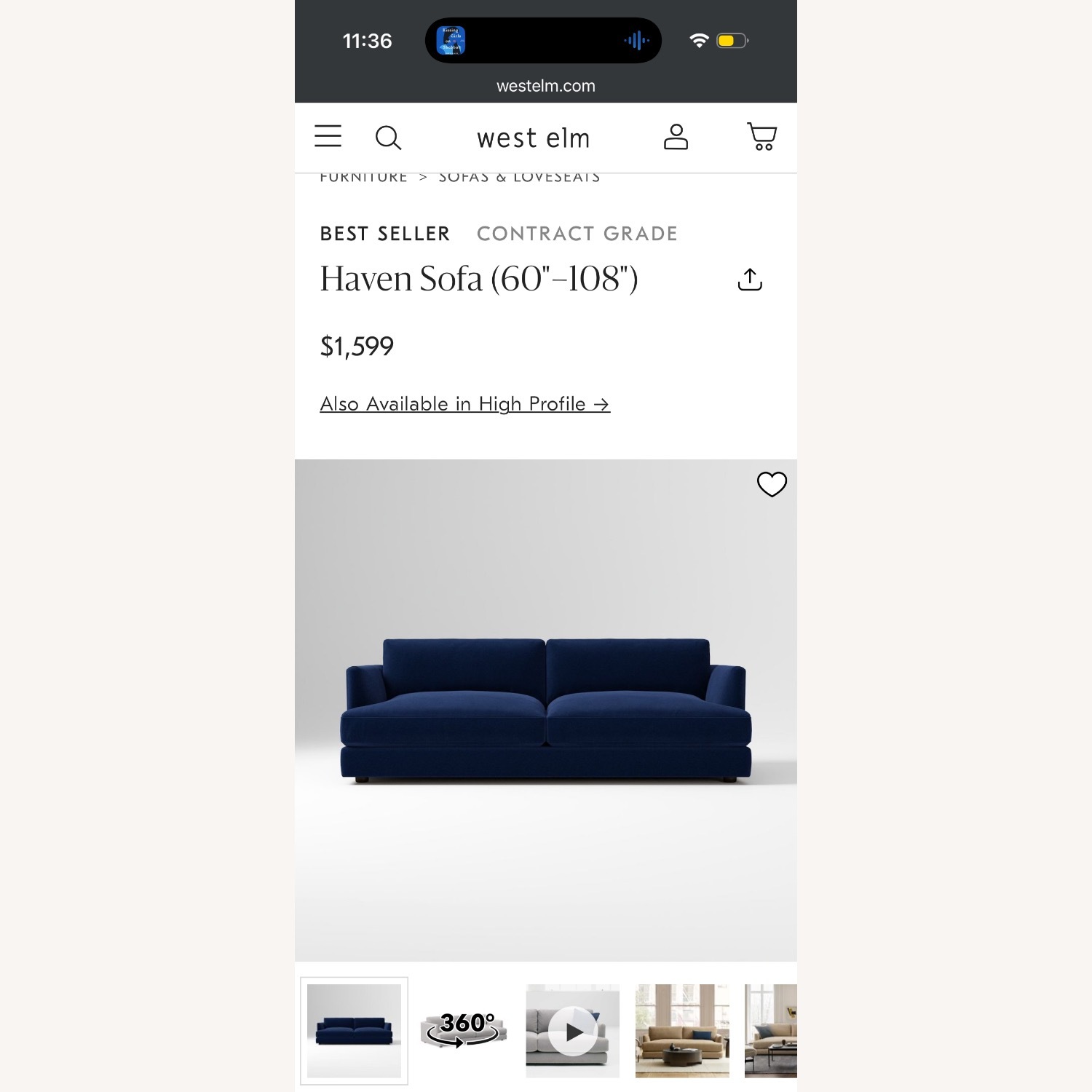 West Elm Haven Blue Fabric 2 Seater Sofa - image-4