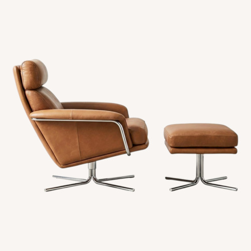 Used West Elm Dark Brown Leather Swivel Chair + Ottoman for sale on AptDeco