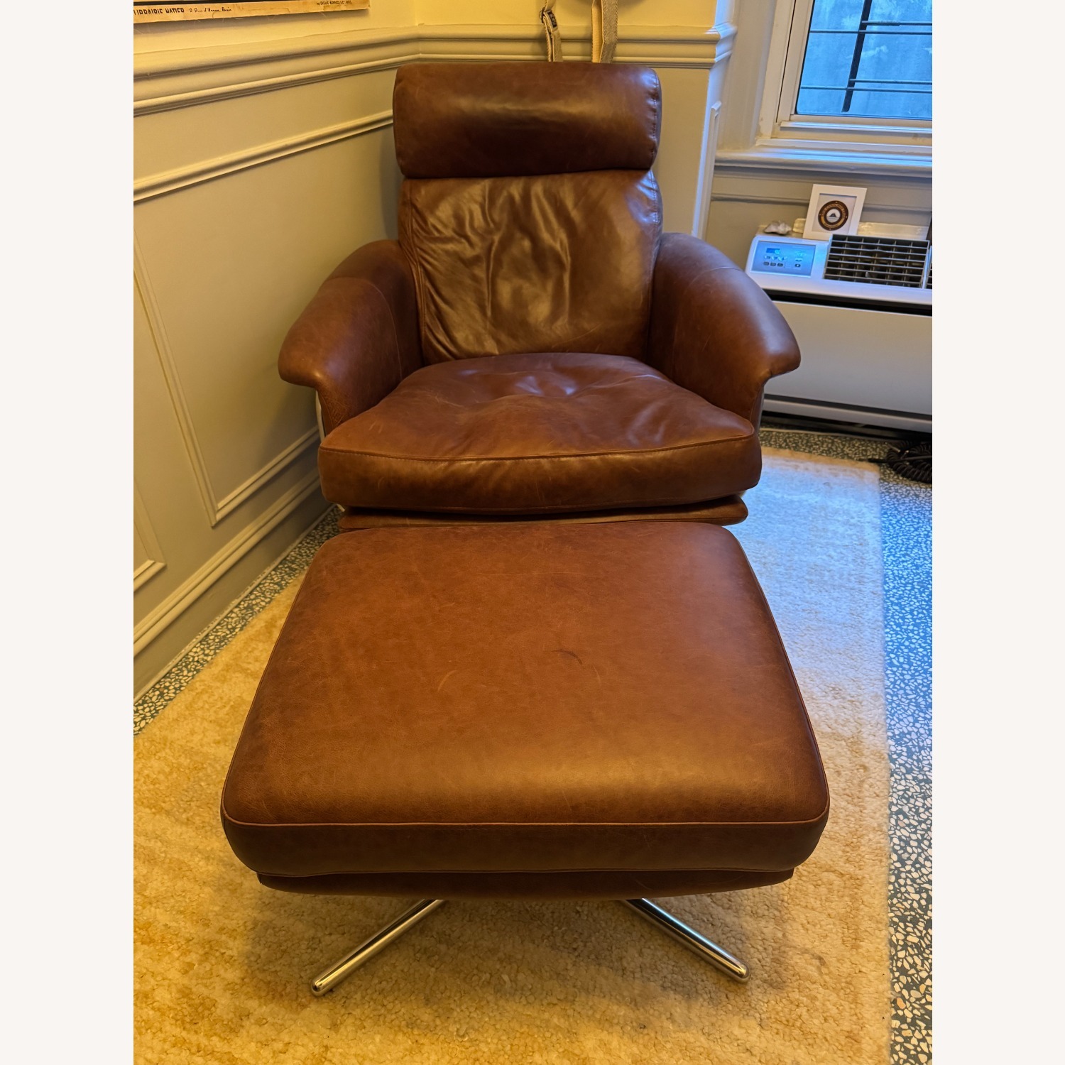 West Elm Dark Brown Leather Swivel Chair + Ottoman - image-1