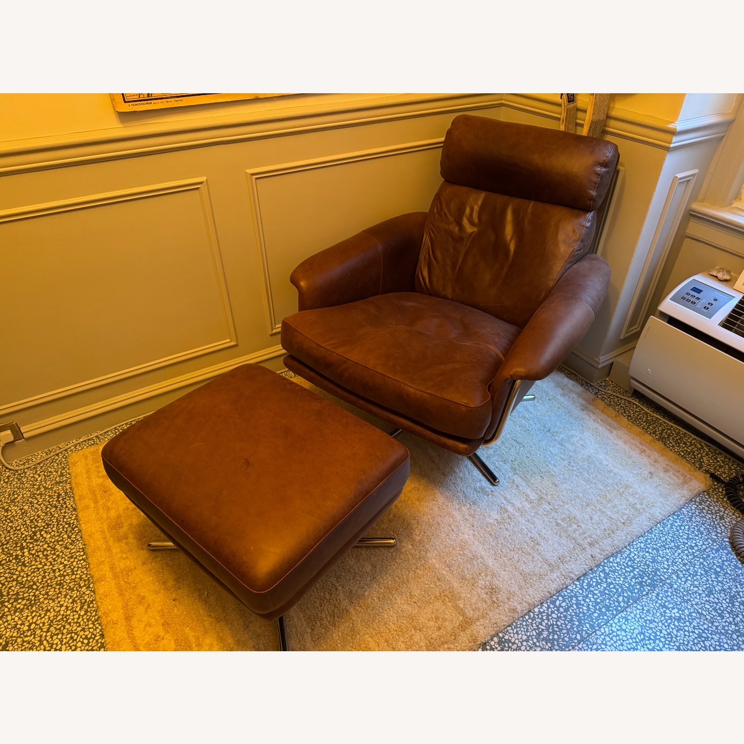 West Elm Dark Brown Leather Swivel Chair + Ottoman - image-2