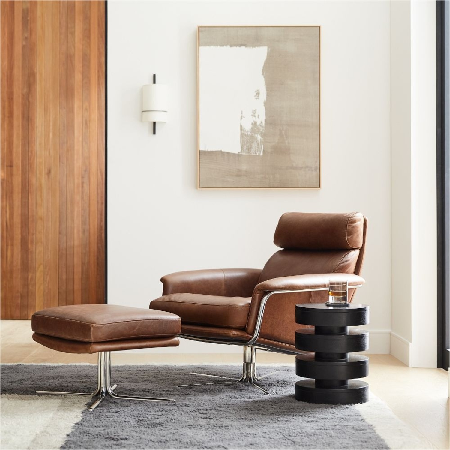 West Elm Dark Brown Leather Swivel Chair + Ottoman - image-5