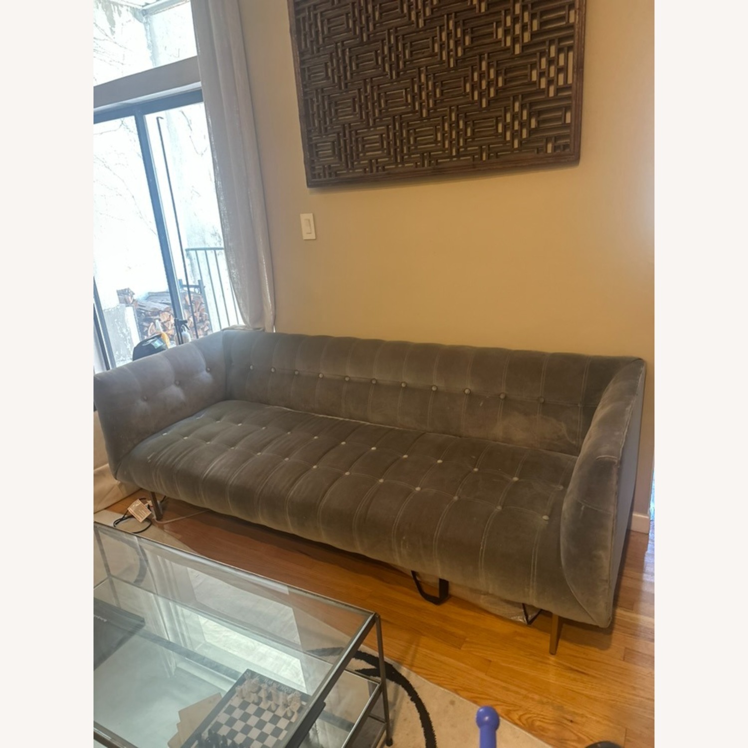 86” Modern Gray Velvet Tufted Tuxedo Sofa - image-1