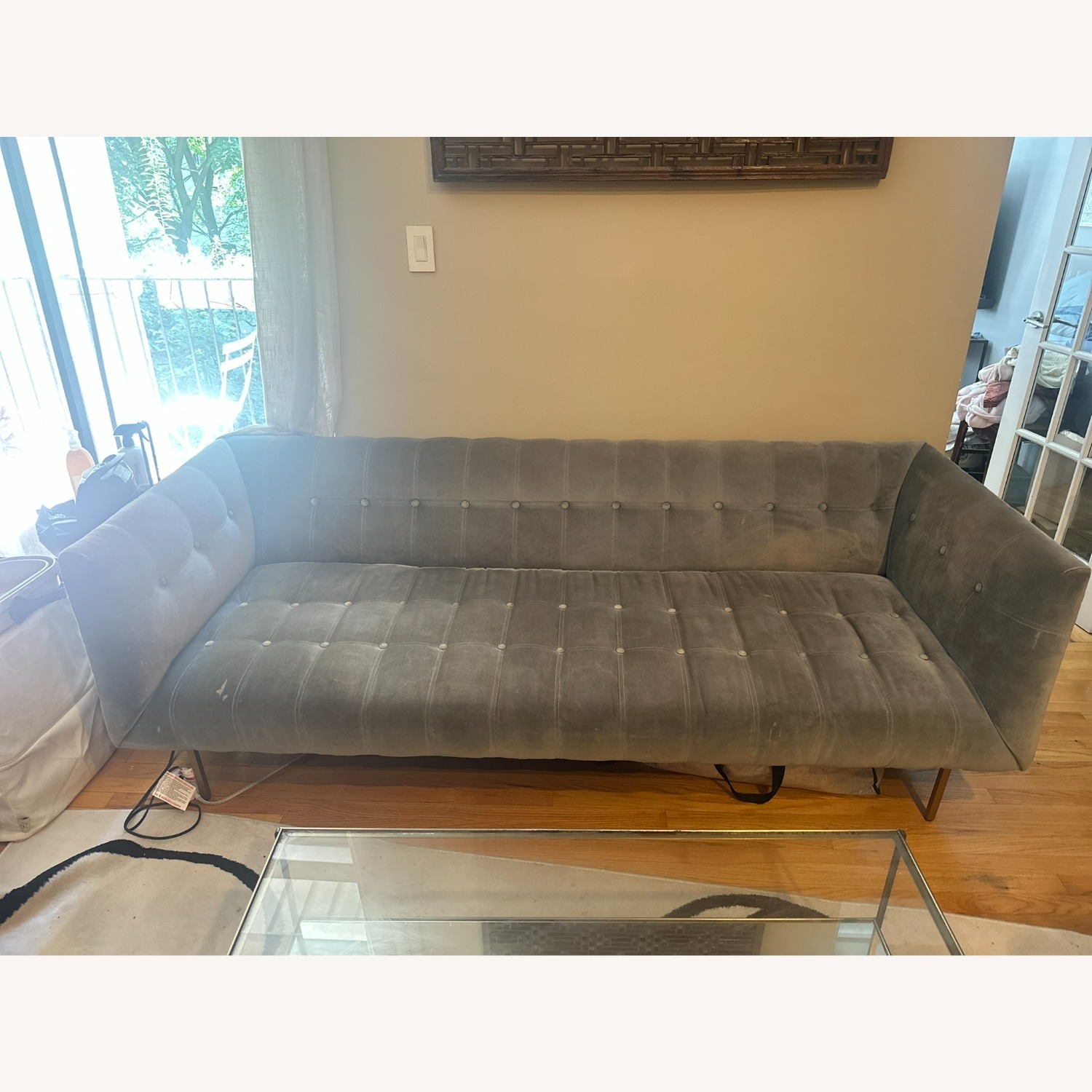 86” Modern Gray Velvet Tufted Tuxedo Sofa - image-2