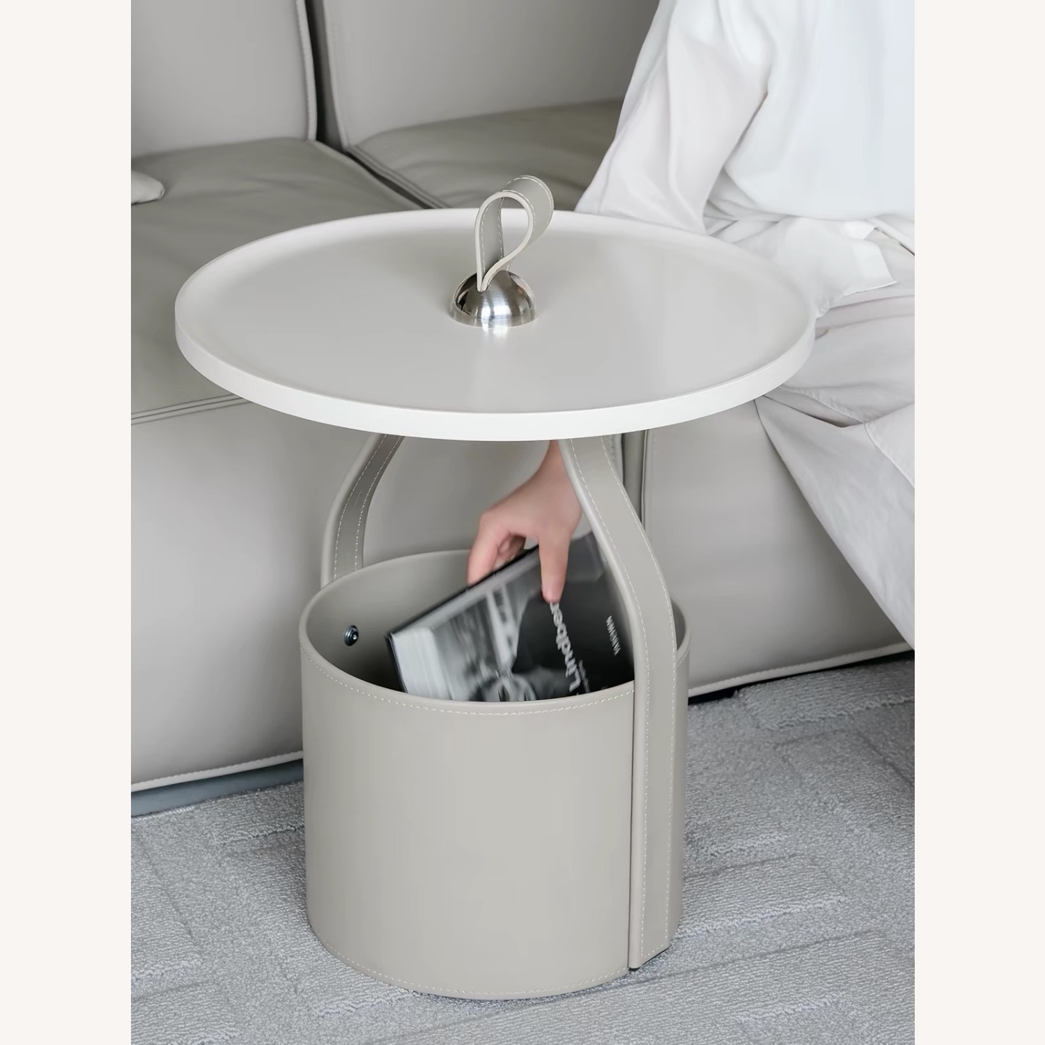 Light Gray Leather Side Table (Hermes-inspired) - image-1