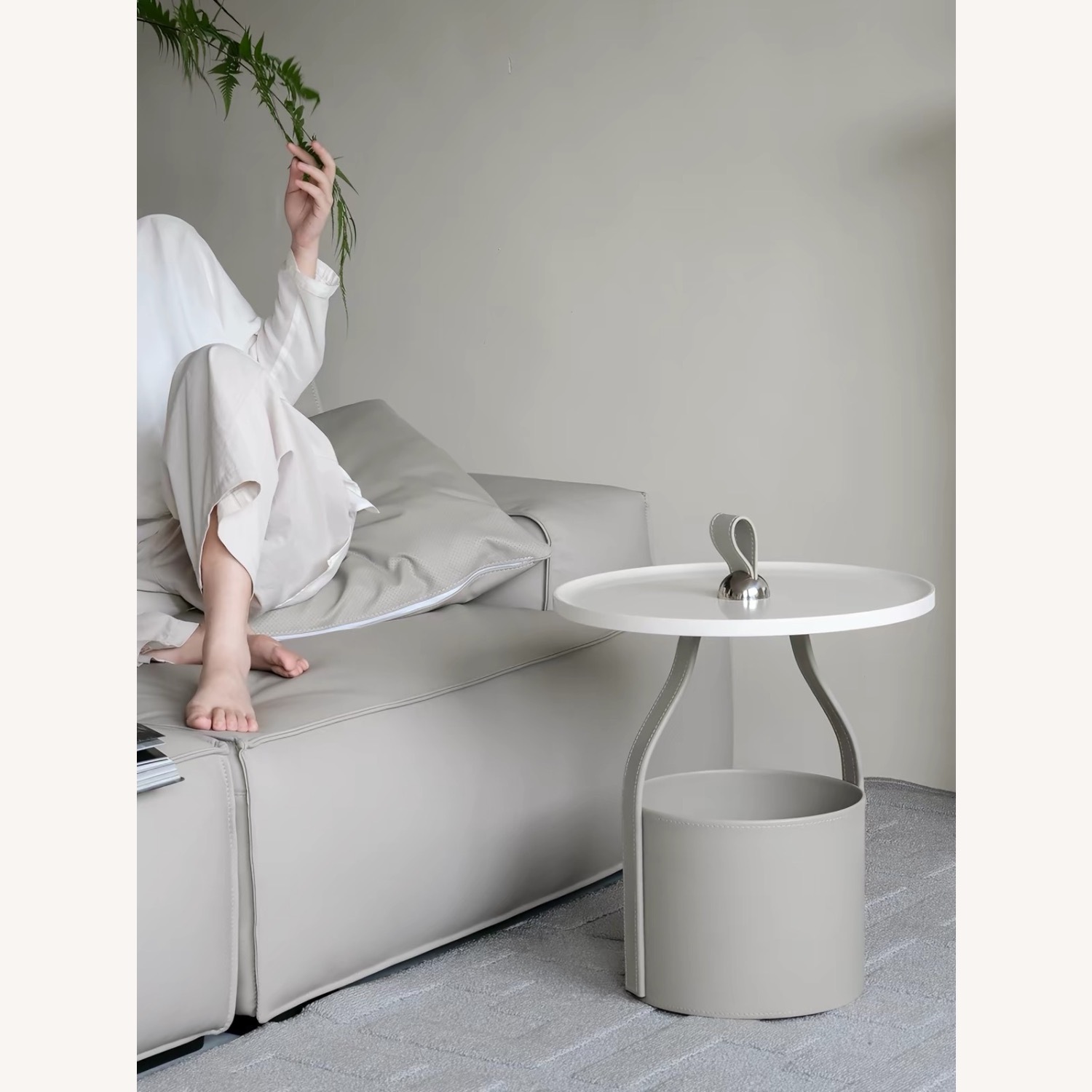 Light Gray Leather Side Table (Hermes-inspired) - image-2