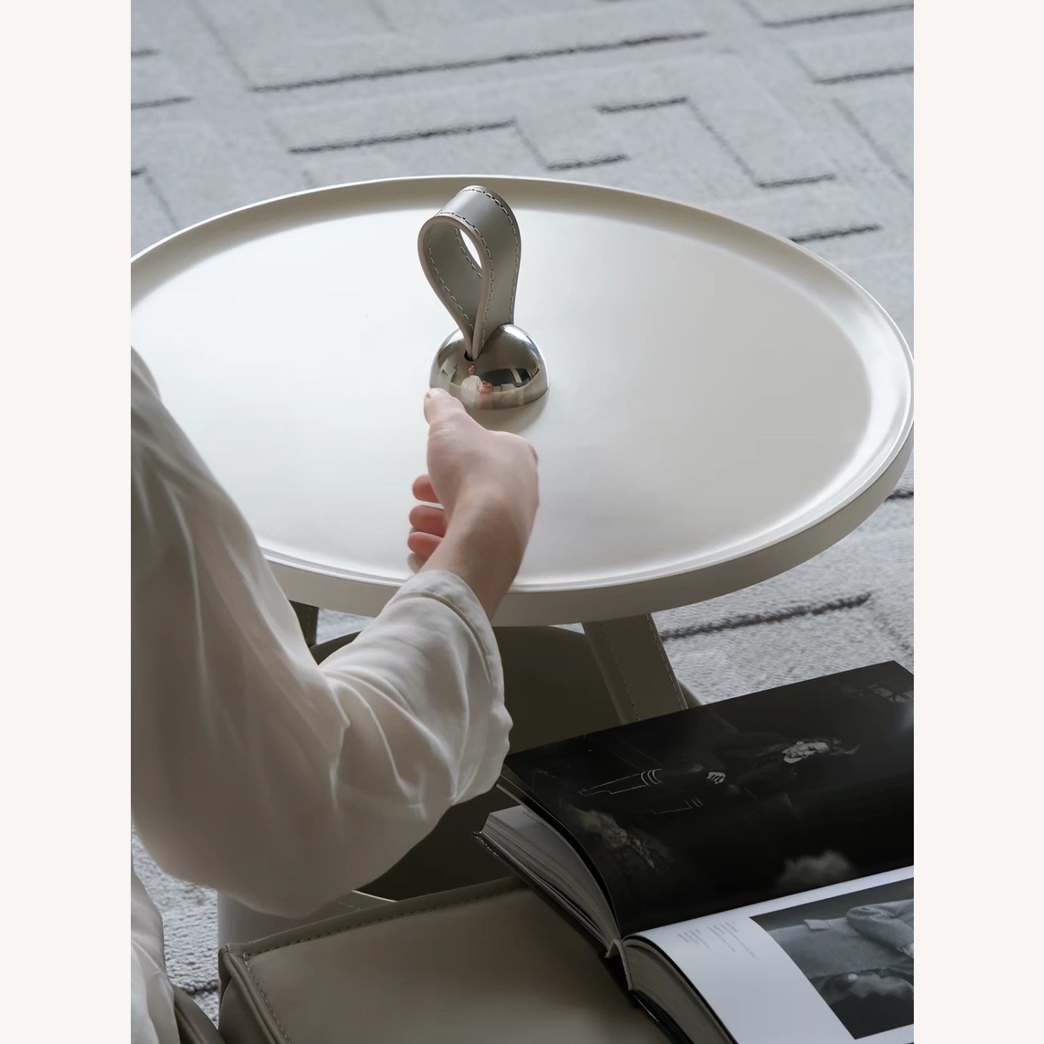 Light Gray Leather Side Table (Hermes-inspired) - image-3