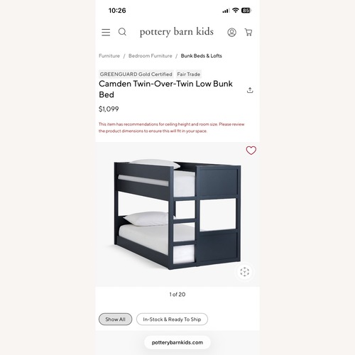 Used Pottery Barn Kids Camden Blue Wood Bunk Bed for sale on AptDeco