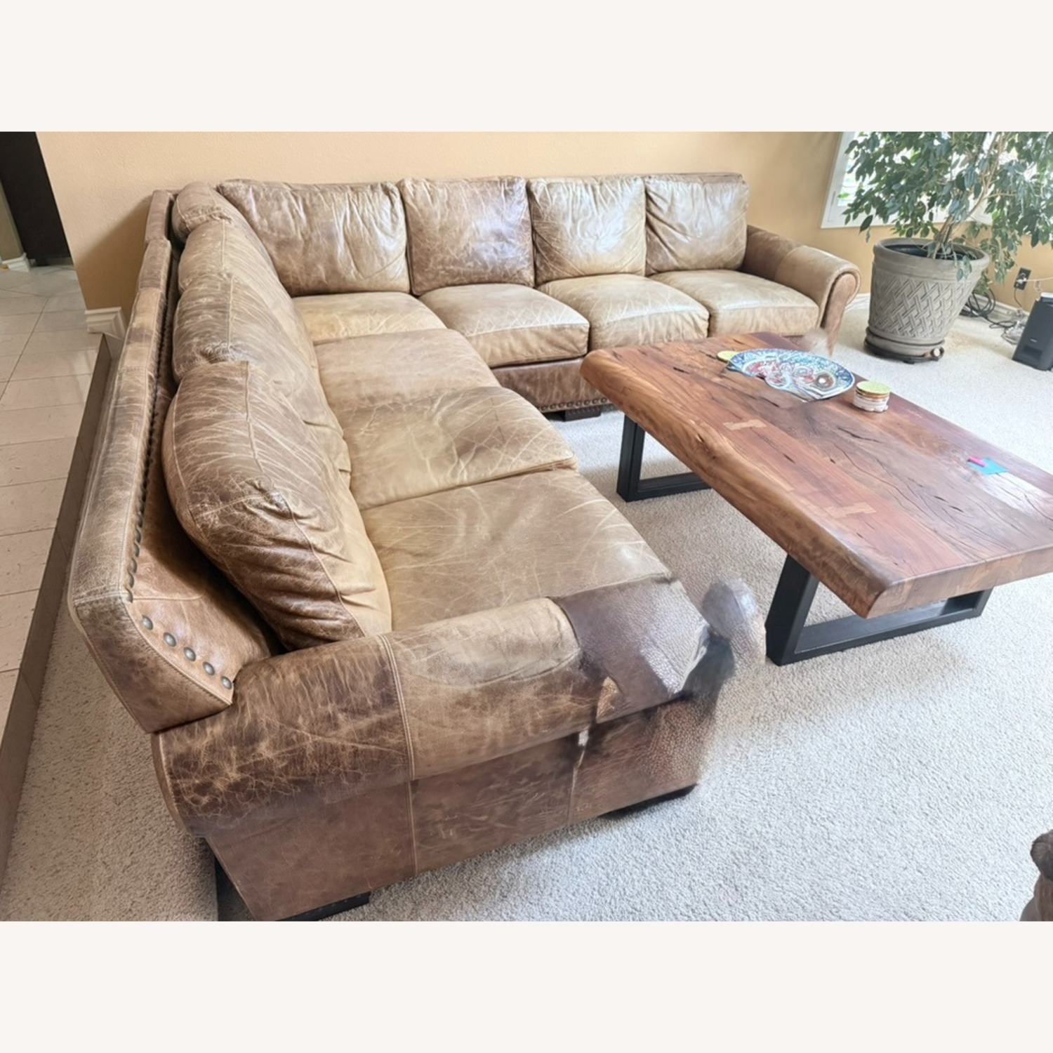 Large Distressed Genuine Leather Sectional Sofa - image-2