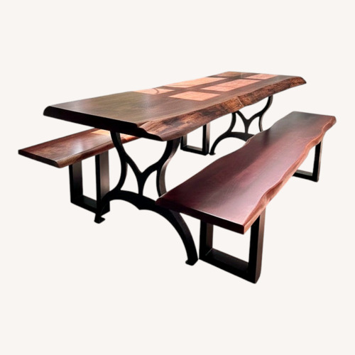 Used Custom Live Edge Walnut Dining Table With Benches for sale on AptDeco