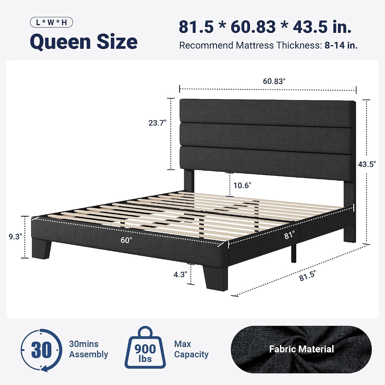 Allewie Dark Gray Linen Queen Bed - image-2