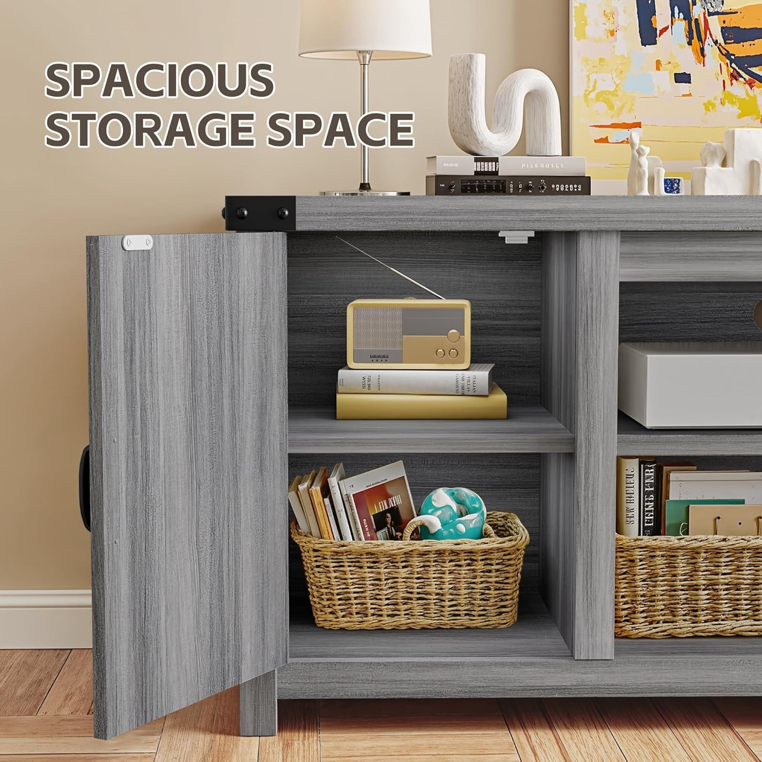 Light Gray Wood Media Storage - image-3