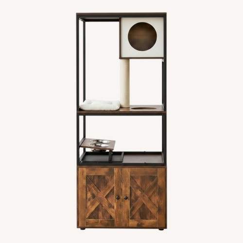 Used Kimmel 58" Cat Condo with Litter Box Enclosure and Elevated Bowls for sale on AptDeco