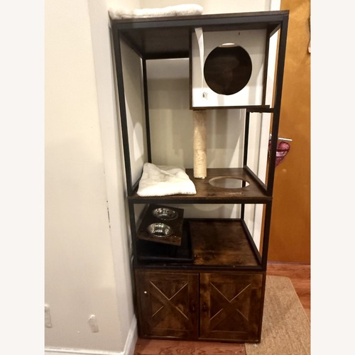 Used Kimmel 58" Cat Condo with Litter Box Enclosure and Elevated Bowls for sale on AptDeco