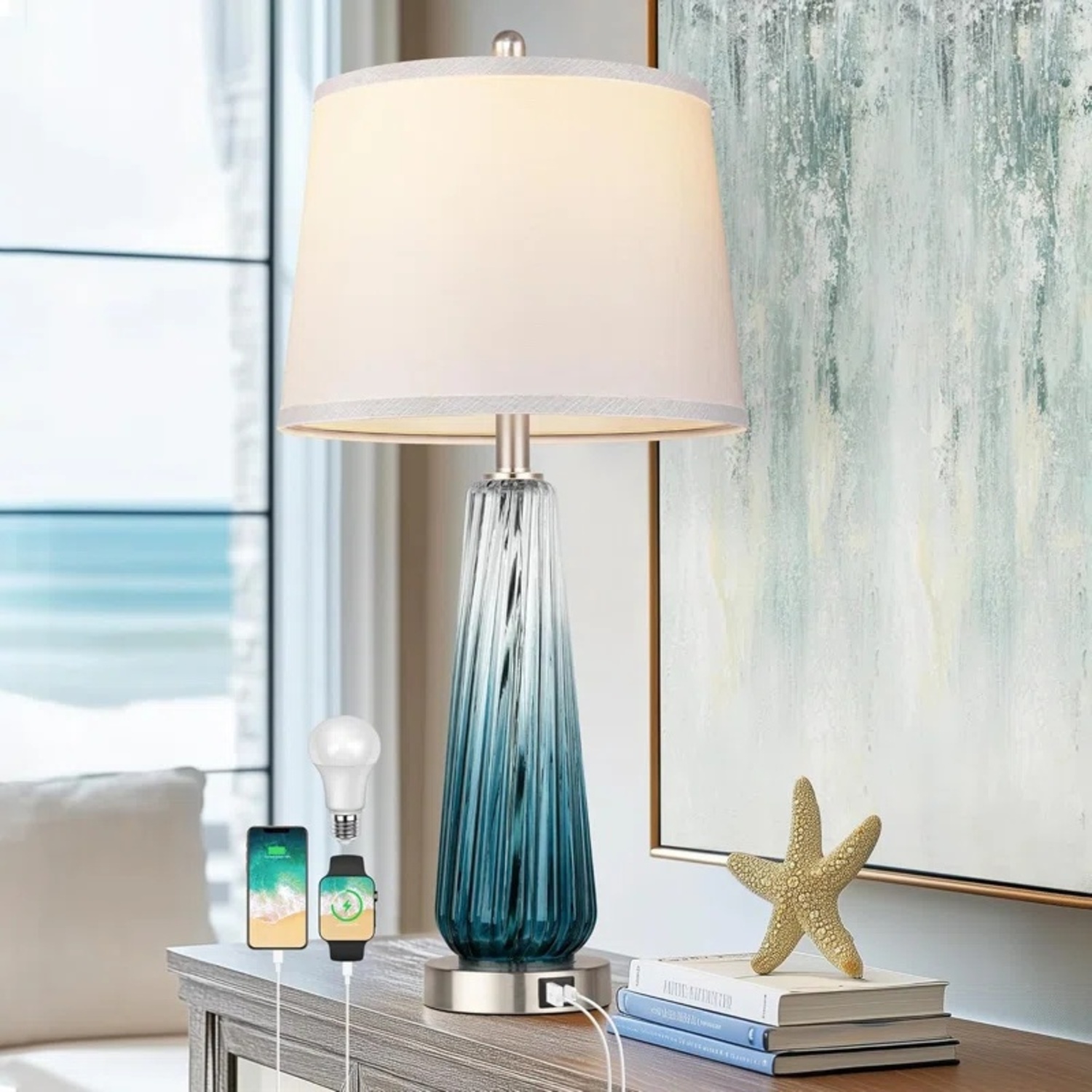 Wayfair Ivy Bronx Blue Glass Table Lamp - image-6