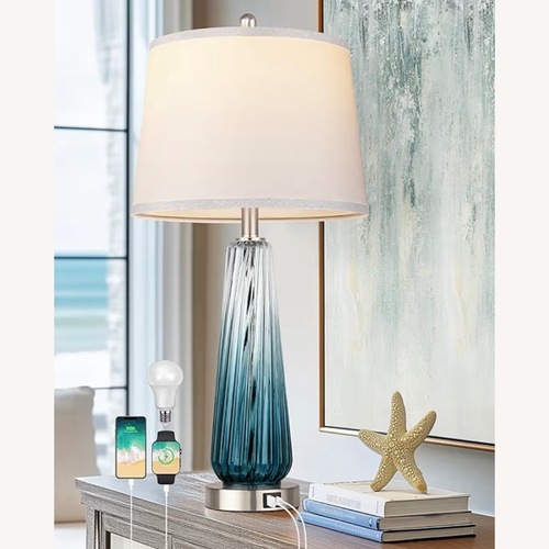 Used Wayfair Ivy Bronx Blue Glass Table Lamp for sale on AptDeco