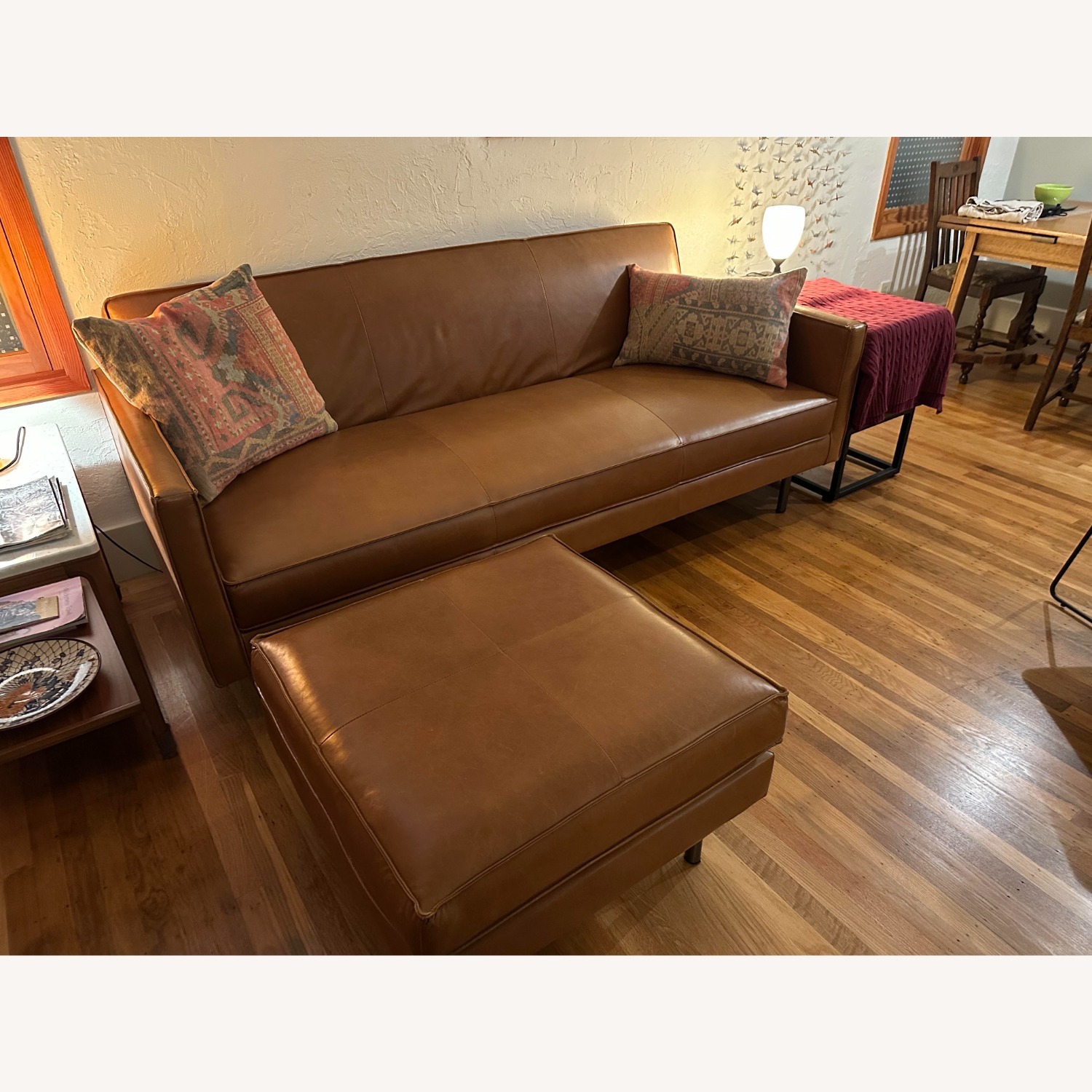 West Elm Axel Light Brown Leather Ottoman - image-2