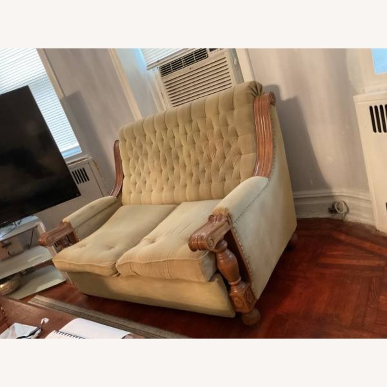 Vintage/Antique Green Fabric 3+ Seater Sofa - image-3