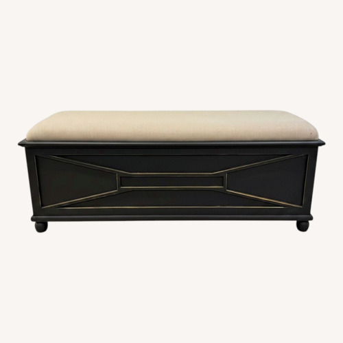 Used Ballard Designs Navy Trunk With Linen Upholstered Bench Top for sale on AptDeco