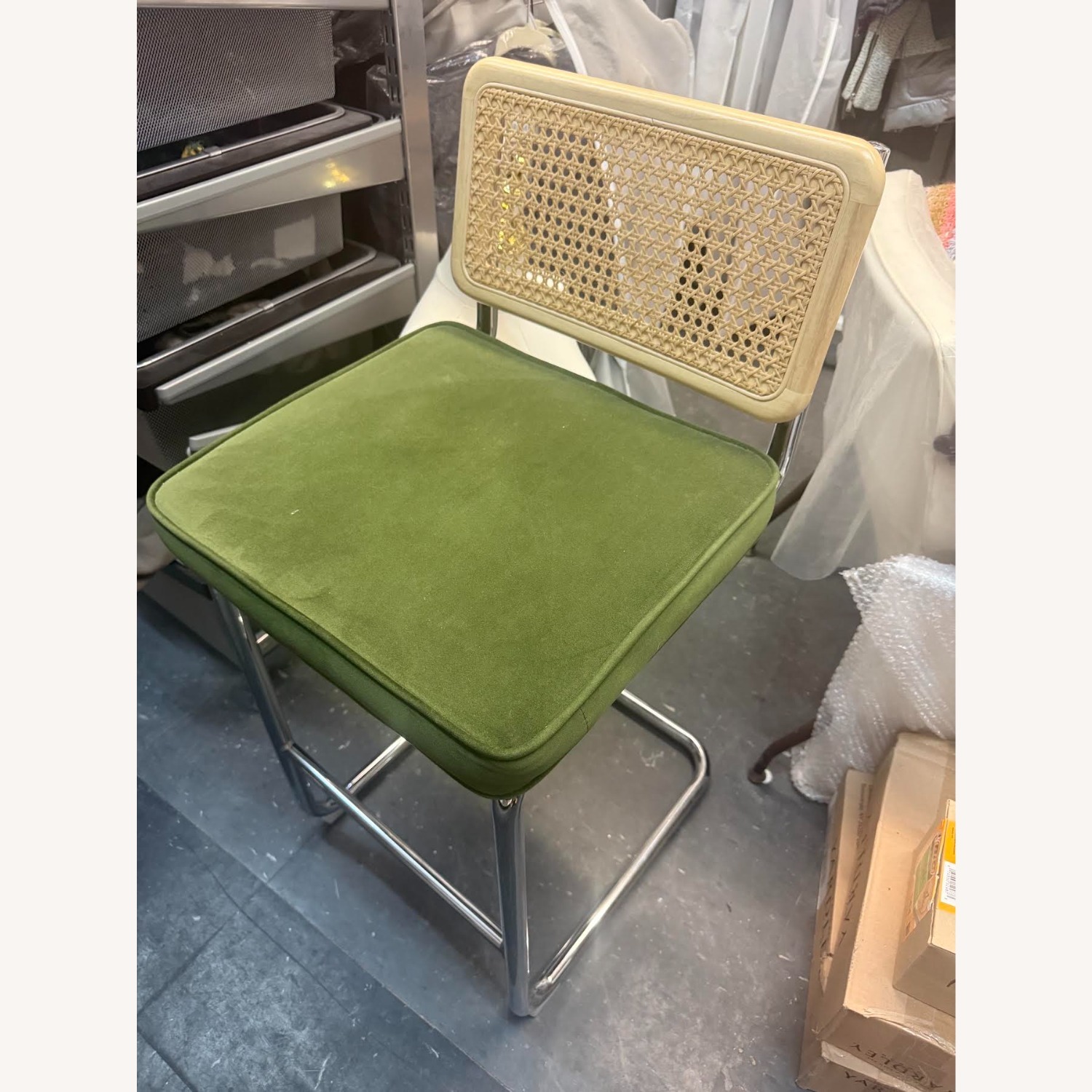 Mid Century Modern Green Velvet Rattan Bar Stool  - image-18