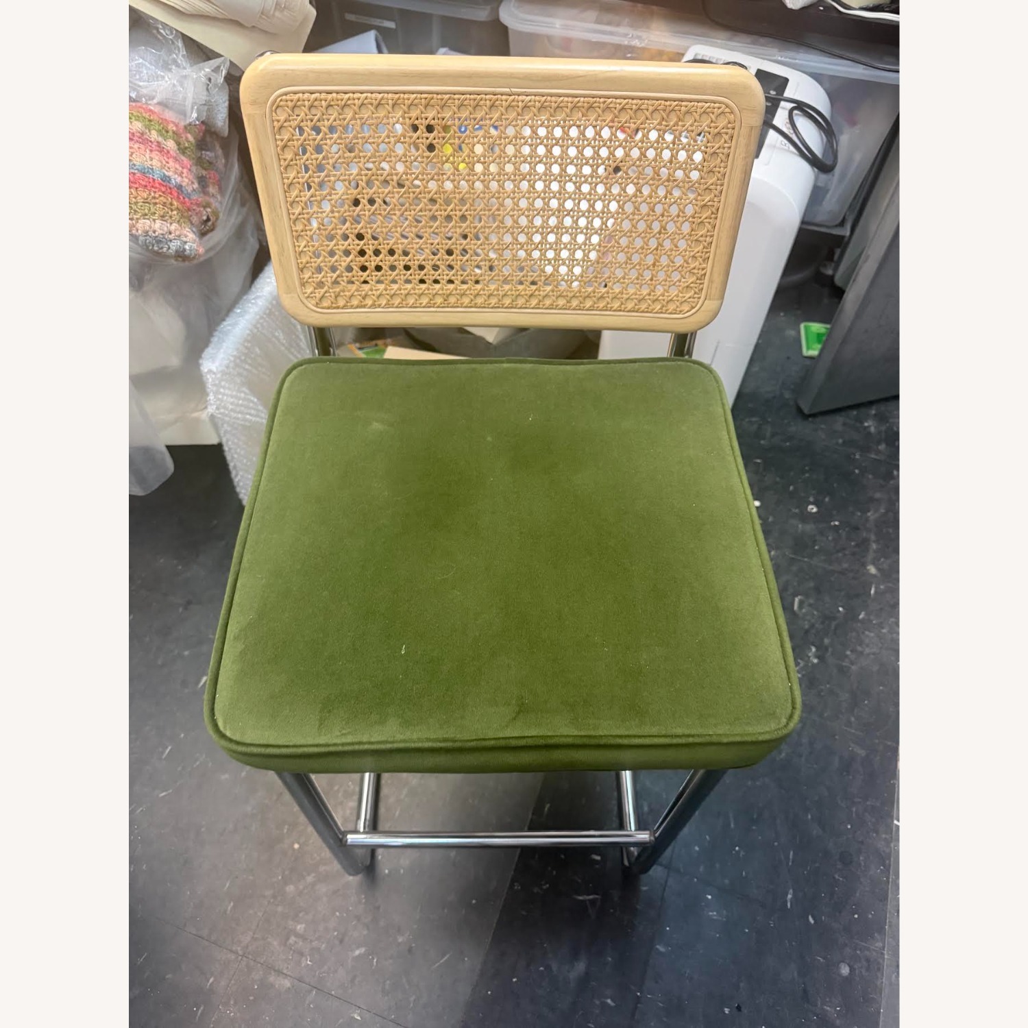 Mid Century Modern Green Velvet Rattan Bar Stool  - image-1